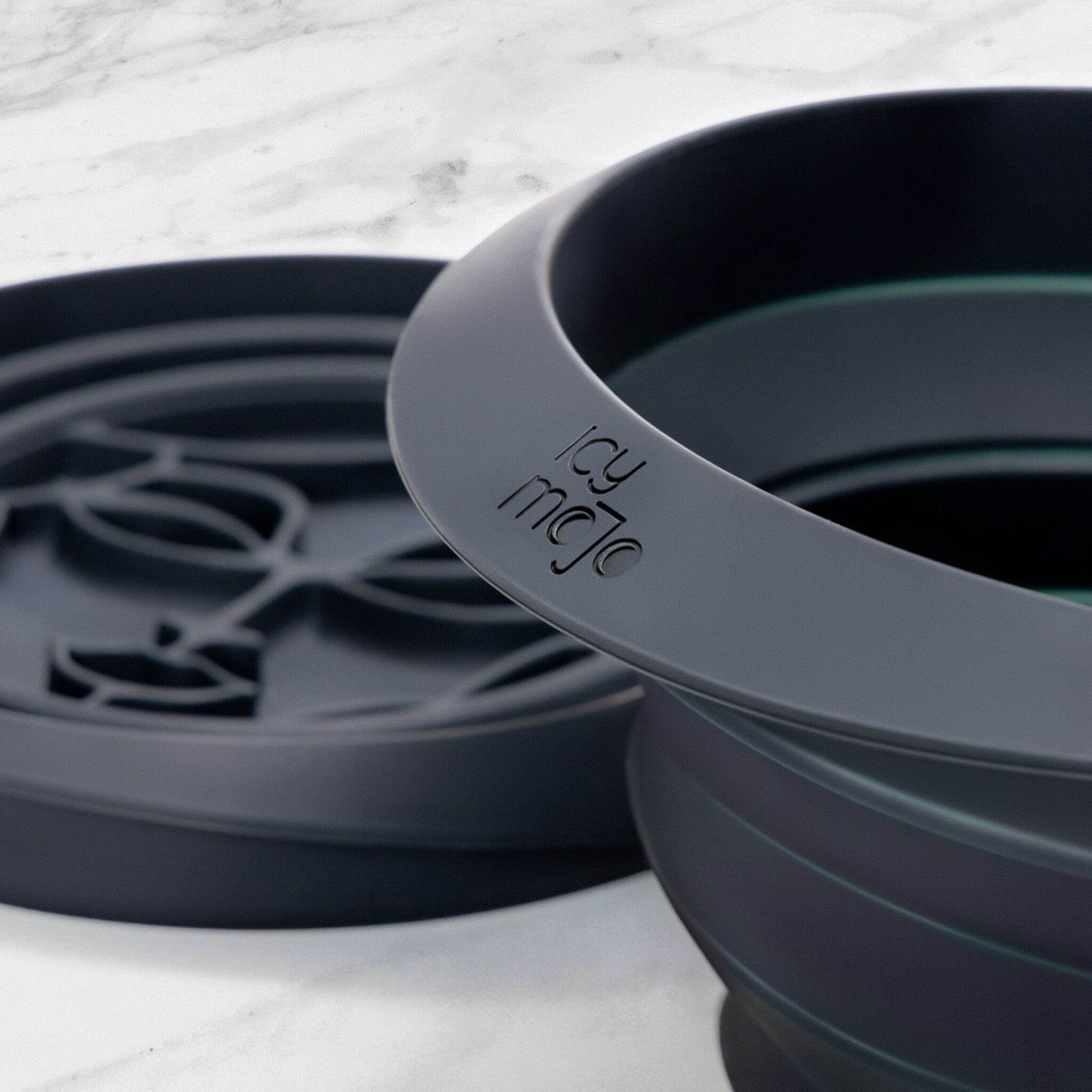 Close-up of premium-grade silicone ice facial bowl with Icy-Mojo logo embossed.