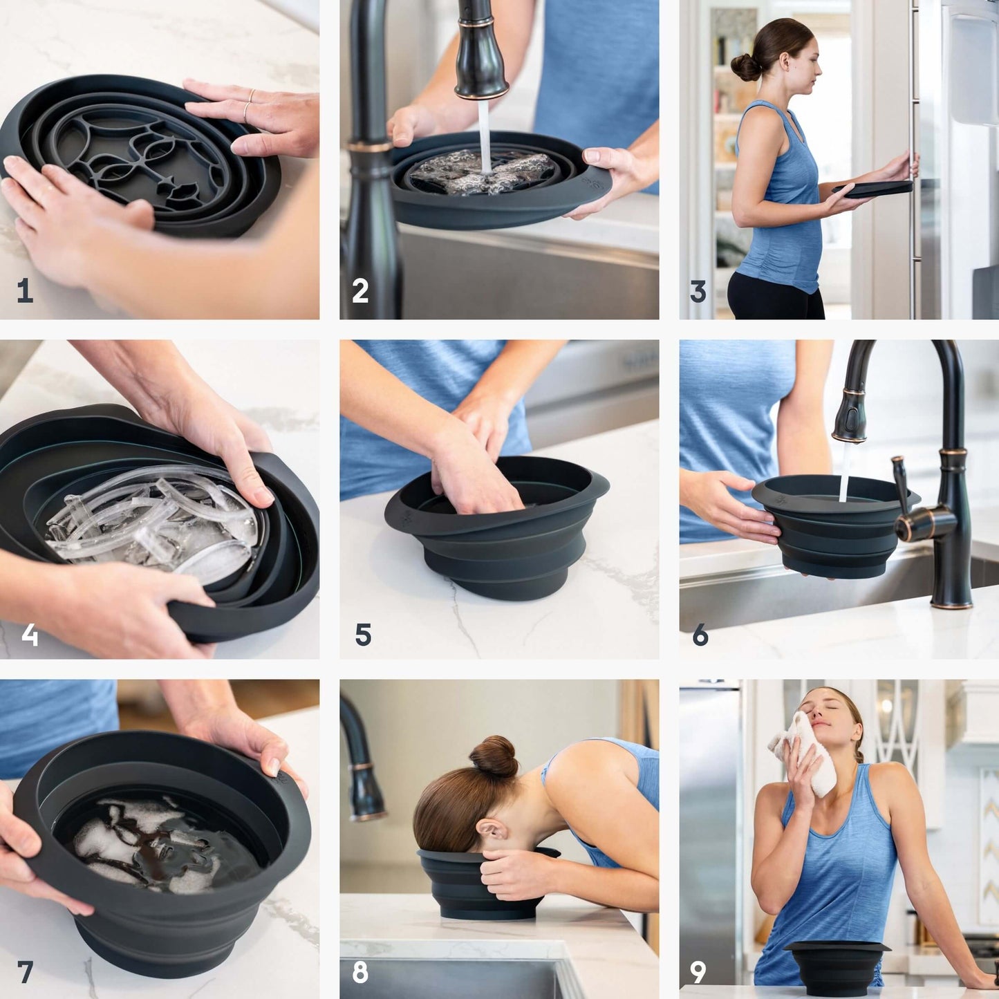 9-step visual guide showing how to use facial ice therapy bowl for cold plunging.