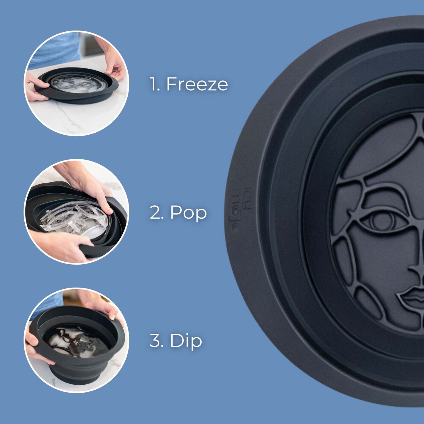 3-step use guide for ice bowl for face – freeze, pop, and dip for ice facial therapy.