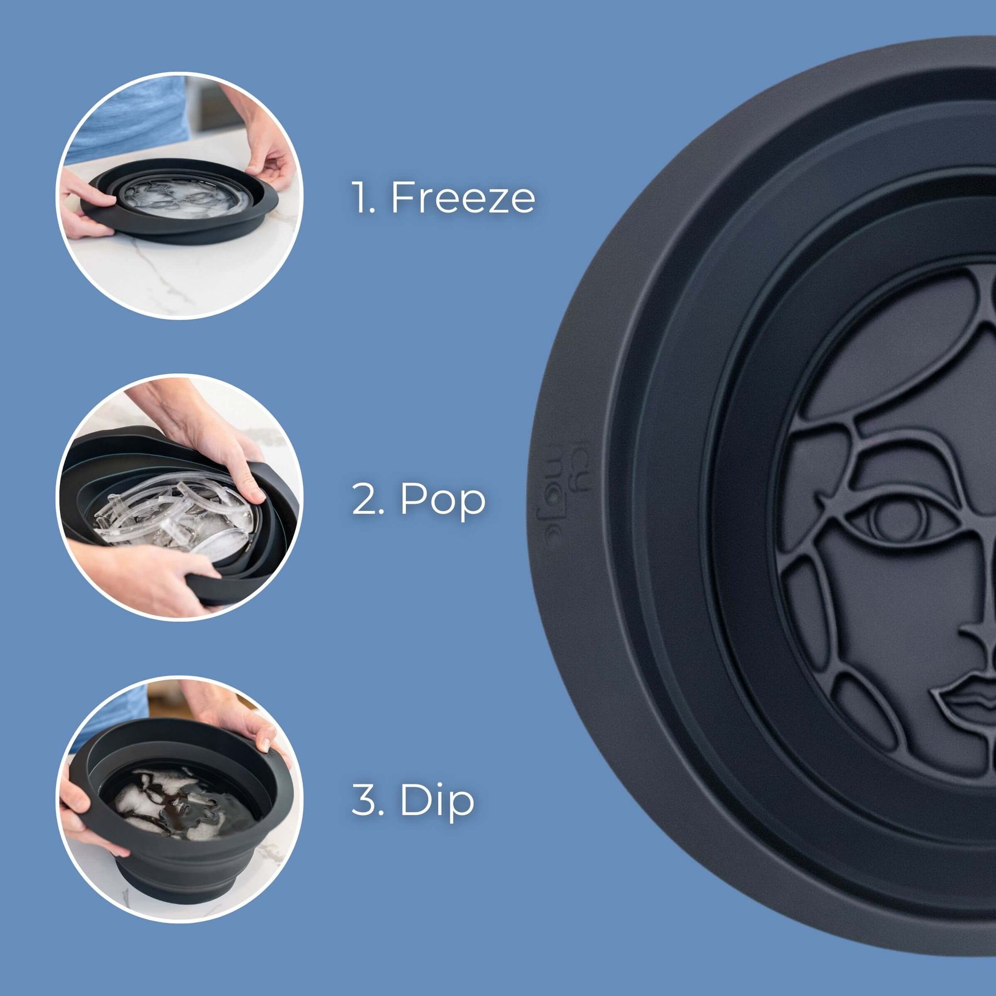 3-step use guide for ice bowl for face – freeze, pop, and dip for ice facial therapy.