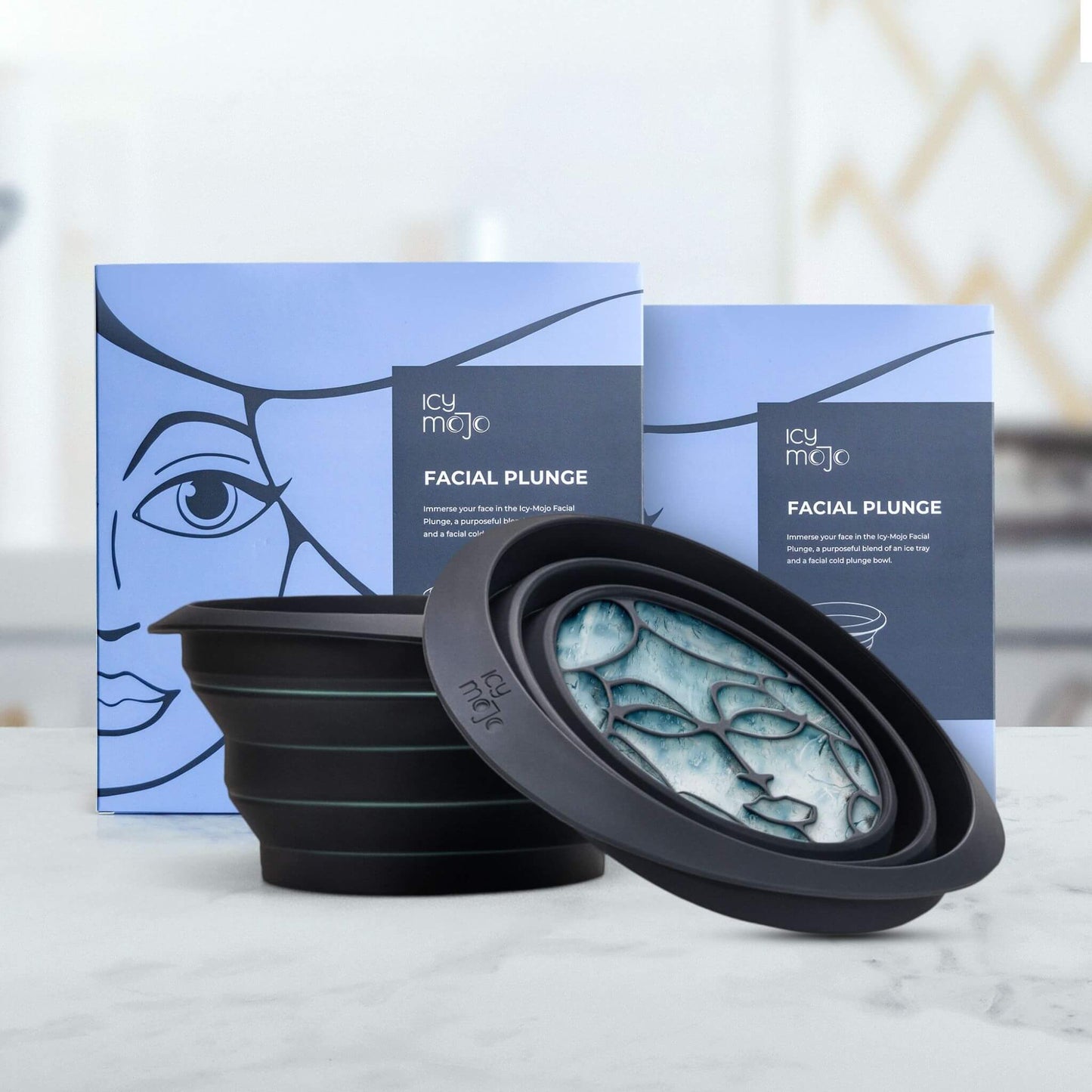 Icy-Mojo ice bowl for face shown with facial cold plunge packaging for home skincare.