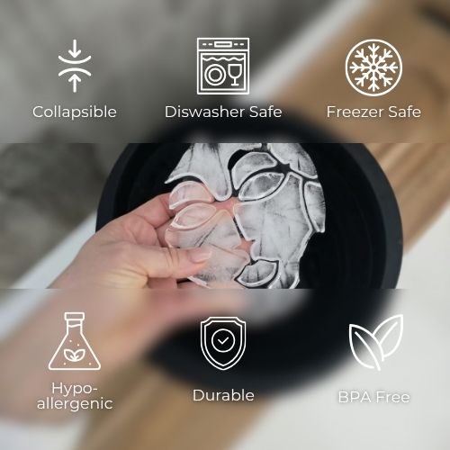 Icons showing features of the Icy Mojo facial ice bath: collapsible, dishwasher safe, freezer safe, hypoallergenic, durable, and BPA free.