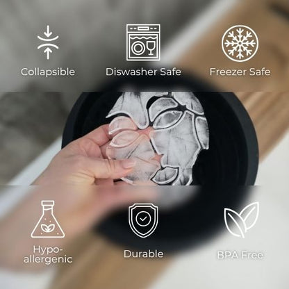 Icons showing features of the Icy Mojo facial ice bath: collapsible, dishwasher safe, freezer safe, hypoallergenic, durable, and BPA free.